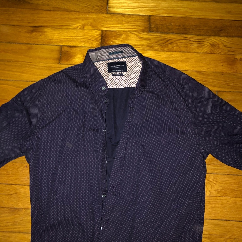 Denim and flower long sleeve dress shirt